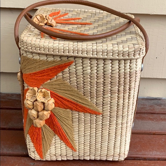 Beach Straw Wooven Square VTG basket Bag - Picture 4 of 8